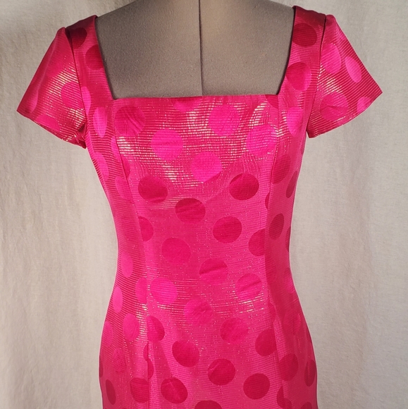 Pink Polka Dot Metalic Gold Silk Vtg Dress XS - Picture 7 of 11